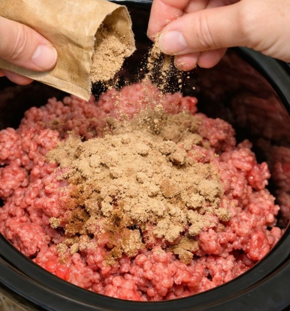 Sprinkle brown gravy mix over ground beef, coupled with 2 other ingredients, into slow cooker for a filling dinner that’s the one everyone asks for